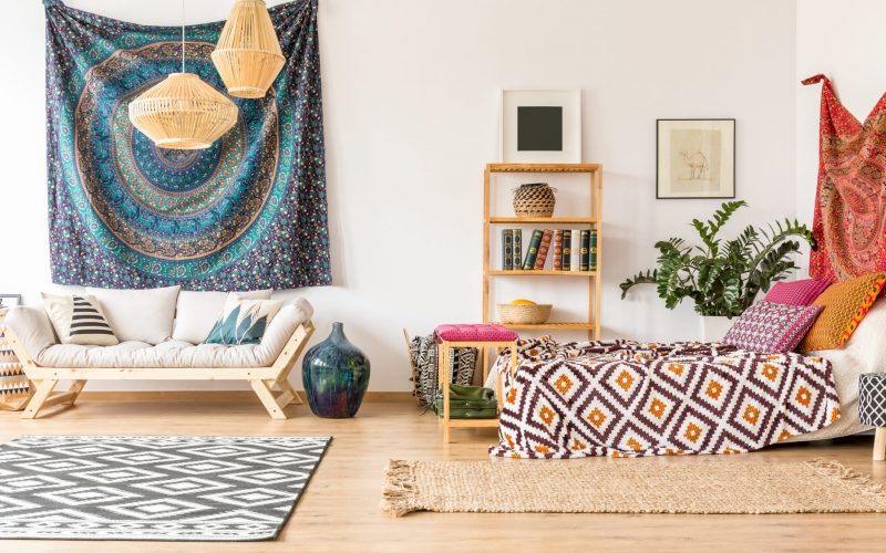 Indian cloth with mandala patterns in ethnic apartment